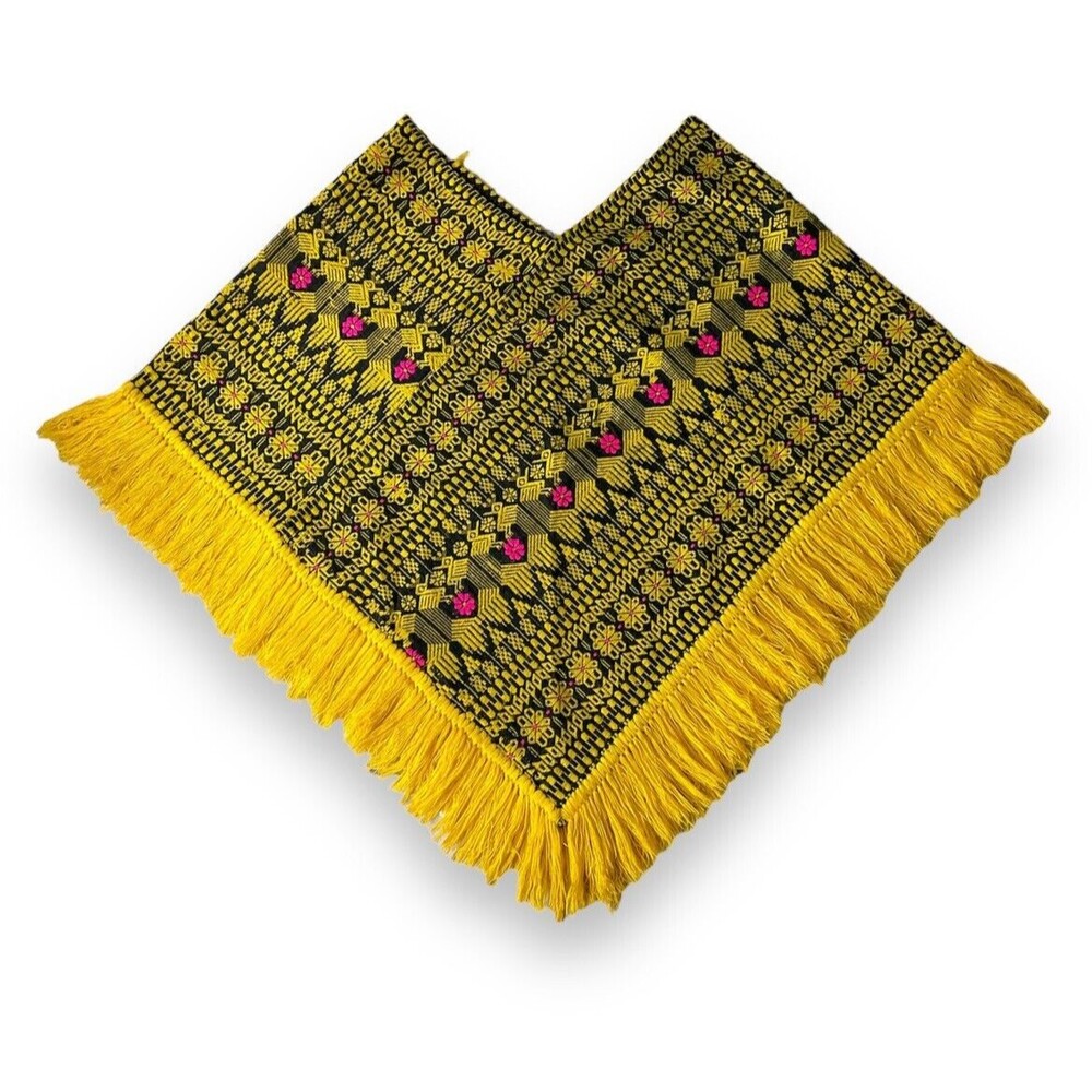 Yellow Guatemalan Poncho With Pink Flowers Vtg Boho Adult